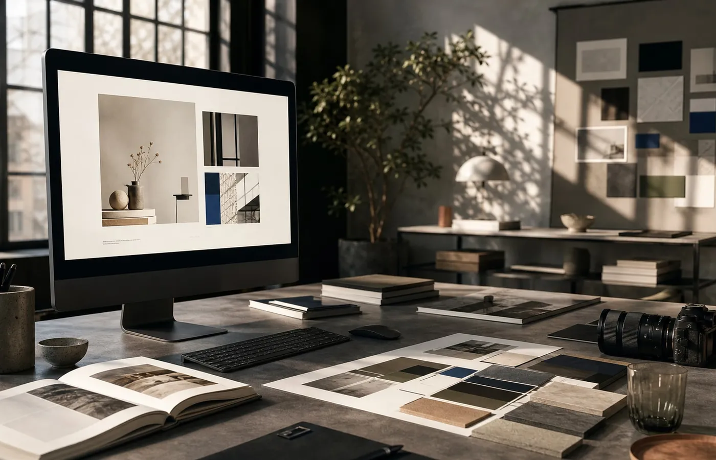 Refined studio workspace showing a premium portfolio presentation