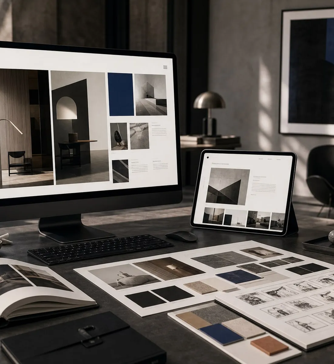 Studio workspace with a premium portfolio presentation